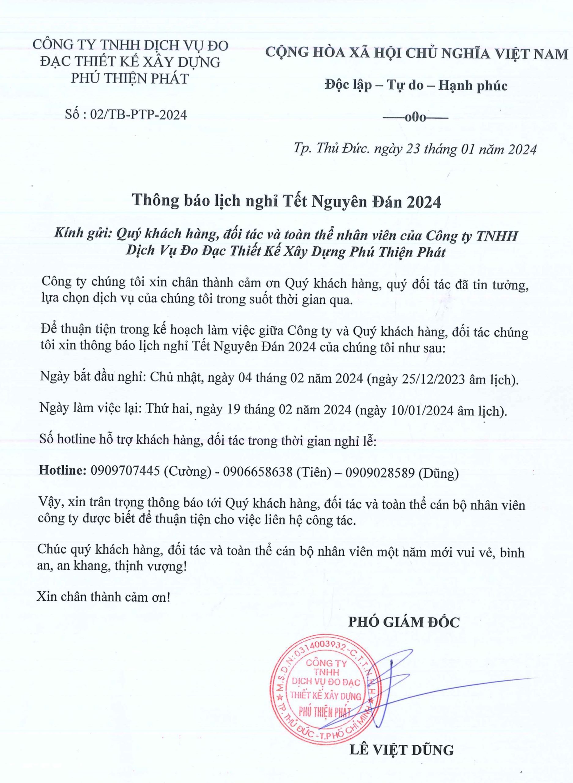 THONG BAO NGHI TET